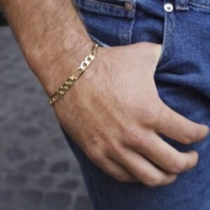New Gold Figaro Chain Bracelet Men’s Gold over 925 Thick Chain Bracelet